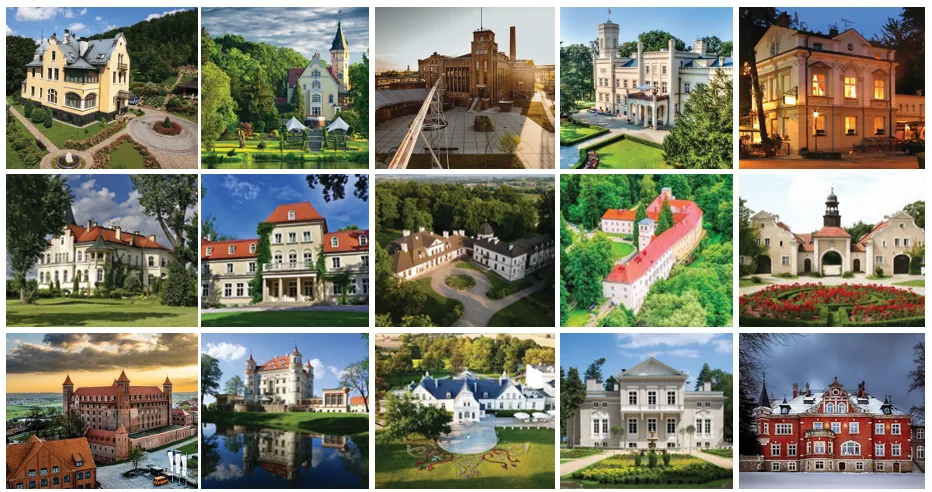 Kolaż obiektów zrzeszonych w Hotelach Historycznych Polska
